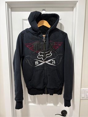 Y2K Fox Hoodie Sasquatch Full Zip Sweatshirt Gray Faux Fur Lined Racing Small